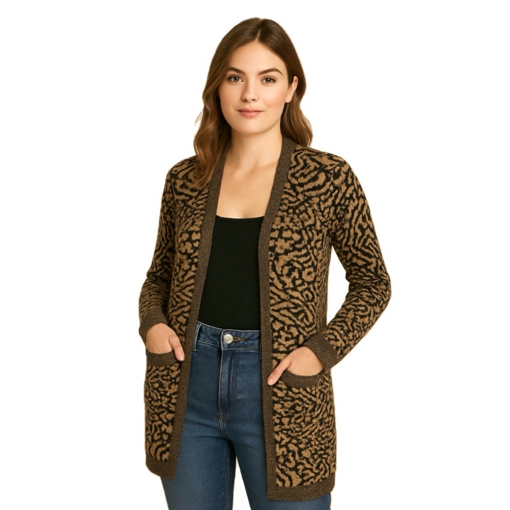Yest, tiger print knit cardigan long relaxed fit with black trim, size 16